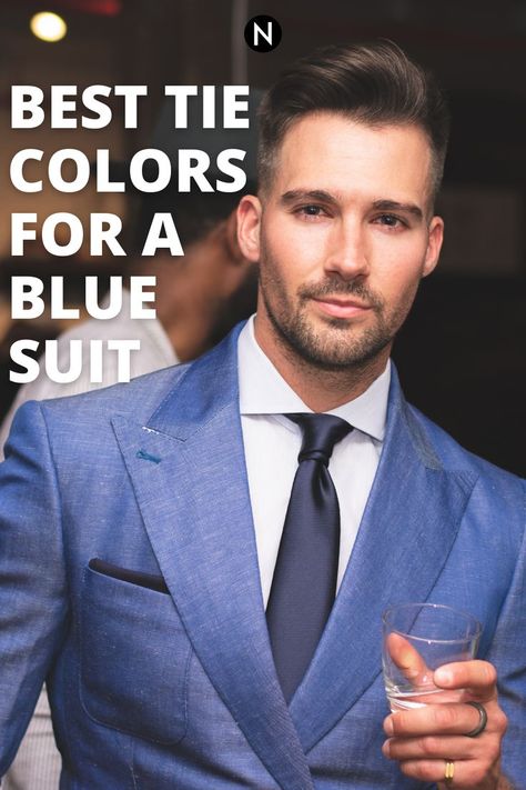 Most tie colors look excellent with a blue suit. If you’re unsure about a tie color, wear a black one. Otherwise, wear one that fits the occasion and season. Then, try different textures and patterns to add interest to your blue suit outfit. Medium Blue Suit Men, Men’s Navy Suit Outfit, Ties For Blue Suits, Navy Suit Styling, Ties With Navy Suits, Ties With Blue Suits, Blue Suit Men Tie Color Combos, Tie With Blue Suit Men, Ties For Navy Blue Suits