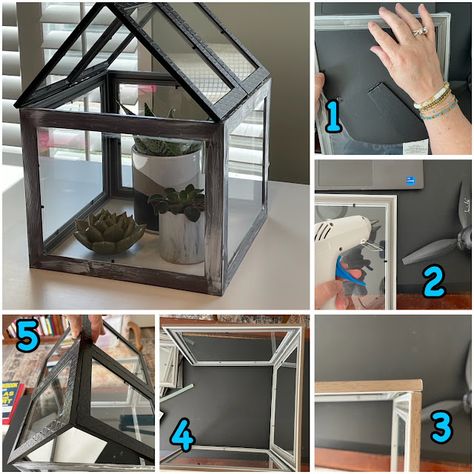 Diy Shelf Greenhouse, Acrylic Greenhouse Diy, Dollar Store Greenhouse, Diy Dollhouse Dollar Tree, Dollar Tree Greenhouse, Diy Table Top Greenhouse, Picture Frame Terrarium Diy, Diy Greenhouse Cheap Easy Indoor, Mini Green House Diy