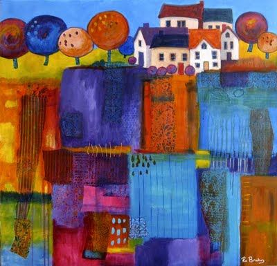 Houses Collage, Ro Bruhn, Hillside Houses, Backgrounds Ideas, Whimsical Houses, House Paintings, Buildings Artwork, Art Houses, Colour Purple