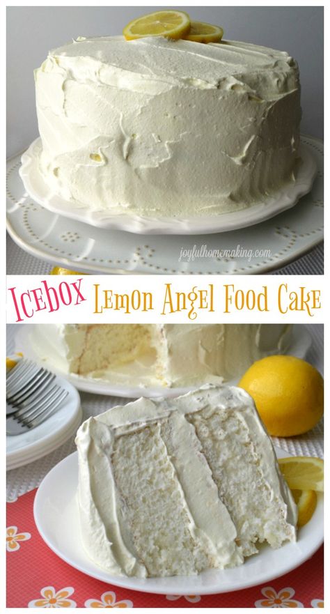 Icebox Lemon Angel Food Cake Angel Cake Desserts, Angel Food Cakes, Homemade Lemon Cake, Lemon Angel Food Cake, Angel Food Cake Desserts, Lemon Pie Filling, Frozen Lemon, Lemon Frosting, Angel Food Cake Mix Recipes