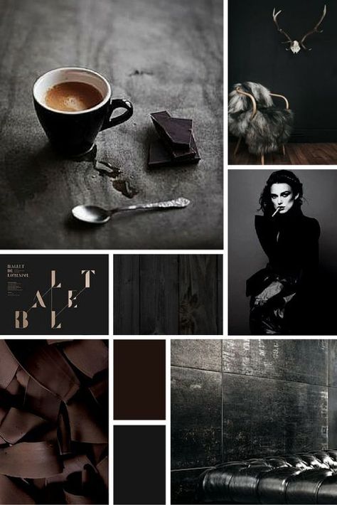 Midweek Moodboard #5: Black Coffee (deep chocolate brown, grey and black colour palette for design inspiration) Dark Grey Mood Board, Chocolate Mood Board, Moody Branding Board, Moody Mood Board, Dark Mood Board, Coffee Mood Board, Chocolate Moodboard, Coffee Moodboard, Black Moodboard