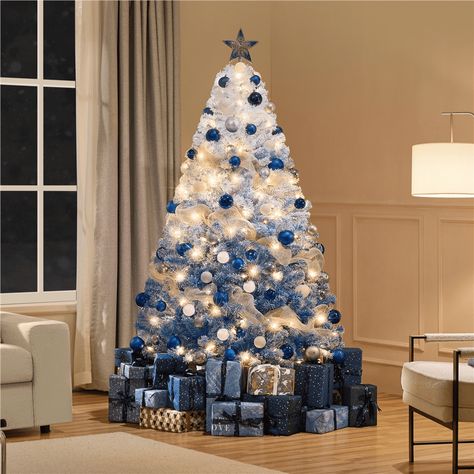 Natal, Christmas Tree On Pedestal, Small Blue Christmas Tree, White Blue And Gold Christmas Tree, White And Navy Christmas Tree, Red White Blue Christmas Tree, Christmas White Tree Ideas, White Christmas Tree Blue Decorations, Blue Christmas Tree Decorations Ideas