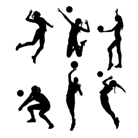 Vector set of silhouettes of volleyball ... | Premium Vector #Freepik #vector #volleyball #volleyball-player #volley-ball #volley Volleyball Sillhoute, Spiker Volleyball, Volleyball Vector, Volleyball Background, Volleyball Art, Volleyball Silhouette, Volleyball Drawing, Volleyball Images, Volleyball Clipart