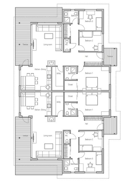 house design semi-detached-house-plan-CH121D 20 Residential Plan, Bungalow House Floor Plans, Duplex Floor Plans, Duplex Plans, Duplex House Plans, House Plan Gallery, Apartment Floor Plans, House Construction Plan, Architecture Model House