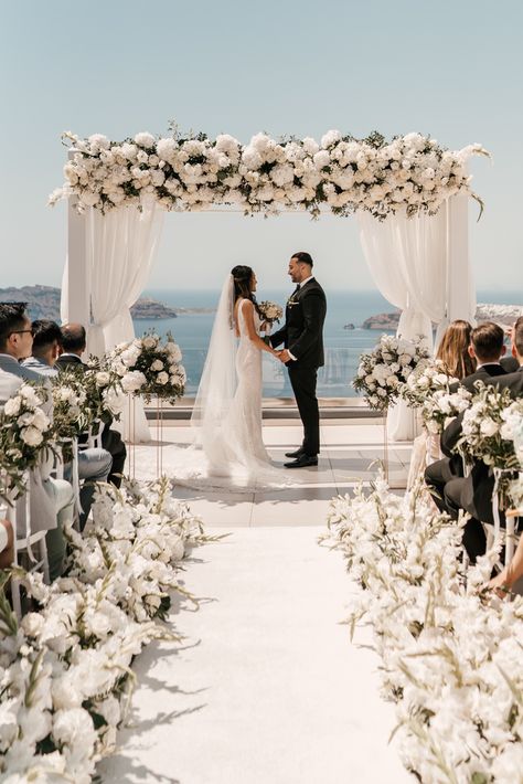 Chuppah Beach Wedding, Wedding Aslie, Wedding Ideas On Beach, In The Clouds Wedding Theme, Beach Wedding White Theme, Beach Wedding Neutral Colors, Wedding Arches Beach, All White Floral Arch, Beach Wedding Dress 2023