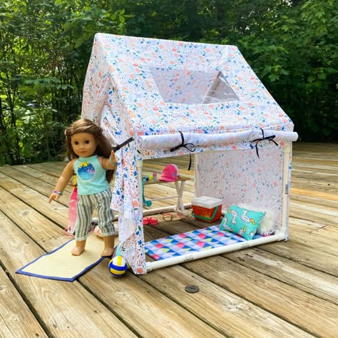 Pvc Pipe Tent, Diy Doll Tent, Ag Doll Crafts, American Girl Diy, American Girl Doll Diy, American Girl Doll Furniture, Doll Furniture Diy, American Girl Doll Crafts, American Girl Doll Accessories