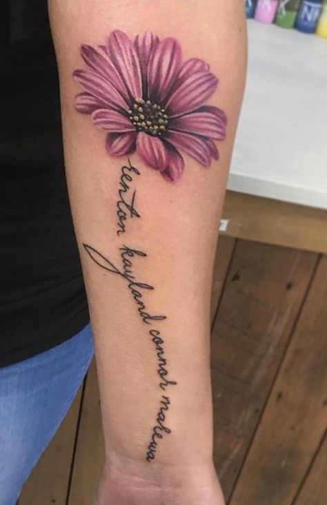 120 Daisy Tattoo Designs with Meanings | Art and Design Flower Quote Tattoos For Women, Arm Tattoos Feminine, Forearm Daisy Tattoo Women, Creative Memorial Tattoos, Crazy Daisy Tattoo, Memorial Flower Tattoo, Daisy Tattoos For Women, No Outline Tattoo, Shoulder Flower Tattoos For Women