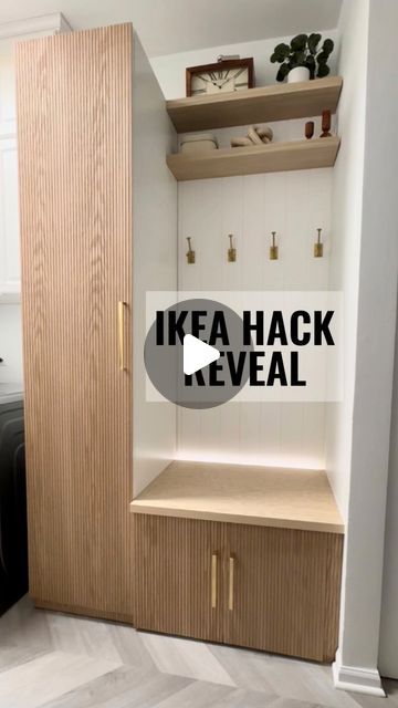 43K likes, 560 comments - gj_homedesigns 於 November 9, 2023 : "IKEA PAX HACK REVEAL ✨ DIY FLUTED HALL TREE I had so much fun creating this space for our laundry room! Since I was not able to find a hall tree that fit our small space, I decided to create my own. Along with the IKEA Pax, I found the right pieces to fit perfectly in this corner to create a built in look for our hall tree. I just absolutely love the fluted doors and, even more, I can’t get over how much storage it adds to our hom House Entrance Ideas Ikea, Ikea Small Hallway Ideas, Ikea Hall Tree Hack, Small Hall Storage Ideas, Hodnik Ideas, Small Hall Design, Hallway Wardrobe Ideas, Small Hall Ideas, Hall Ways Ideas Entrance