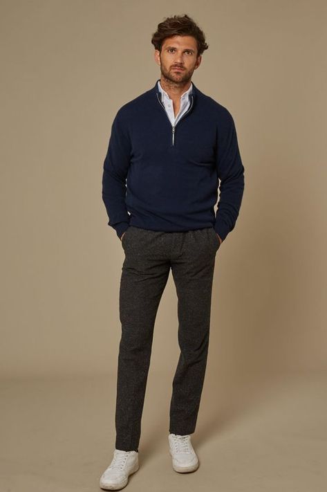 Mens Fashion Going Out Outfits, Mid Thirties Men Fashion, Office Style Men Work Outfits, Mens Casual Office Outfits, Zip Pullover Outfit Men, Quarter Zip Pullover Outfit Men, Sweater With Collared Shirt Mens, Mens Office Style, Office Men Outfit