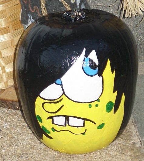 Emo SpongeBob Painted Live Pumpkin..Created by Seahappi Funny No Carve Pumpkin, Paint And Carve Pumpkin Ideas, Painted Pumpkins Ideas Aesthetic, Pumkin Inspo Paint, Painting Pumpinks Ideas Easy, Sponge Bob Pumpkin Painting, Plankton Pumpkin Painting, Stuff To Paint On Pumpkins, Pumpkin Inspiration Painting