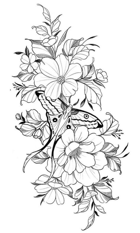 Flowers And Moths Tattoo, Lunar Moth And Flower Tattoo, Dragon Flowers Tattoo Design, Moth And Flower Tattoo Sleeve, Moth And Flowers Tattoo Design, Flowers And Insects Tattoo, Butterfly Floral Tattoo Design, Mandala Nature Tattoo, Flower Moth Tattoo