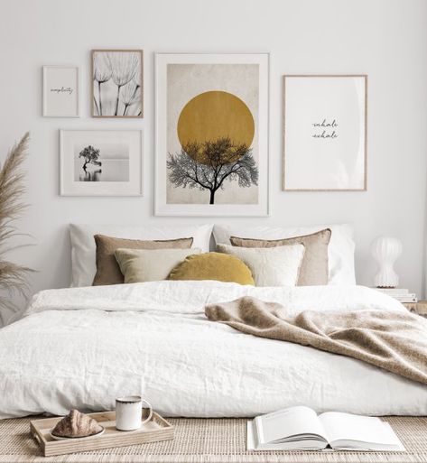 Soothing gallery wall winter morning poster white oaken frames - Gallery wall inspiration - Posterstore.com Modern Farmhouse Small Bedroom Ideas, Wedding Pictures In Bedroom, Frames Above Bed, Design Ložnic, Apt Decor, Gallery Wall Bedroom, Gallery Wall Inspiration, Modern Bedroom Decor, Style Deco