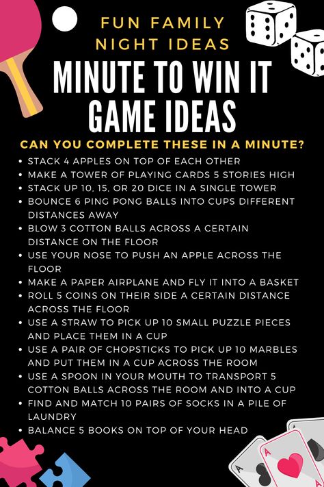 For a fun game to play with your family at home, try a family version of the game show “Minute to Win It”. Most tasks use simple, household items which is why this is an ideal game to play at home! Games Day Ideas, Games To Play With 4 People Inside, Games That Dont Require Anything, Games To Play With Family Outside, Game Night With Family, Tv Game Shows To Play At Home, Games To Play With Siblings At Home, Fun Games To Play Inside, Games To Play With Siblings