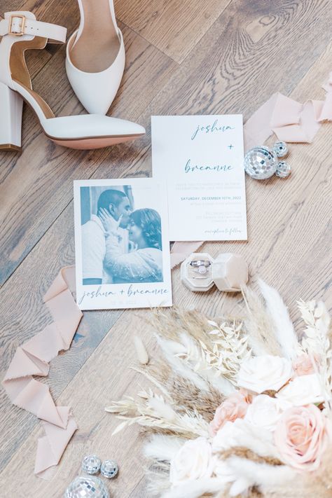 Bridal flatlay with boho florals and disco balls - shoes, ribbon, invites, florals, disco balls. Neutral boho wedding Disco Wedding Flatlay, Bridal Flatlay, Neutral Boho Wedding, Shoes Ribbon, Wedding Flatlay, Boho Florals, Disco Wedding, Nye Wedding, Bridal Details