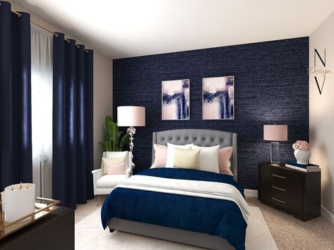 Small Blue Bedroom, Jewel Tone Paint, Jewel Tone Paint Colors, Navy Gold Bedroom, Pink Gold Bedroom, Blue And Pink Bedroom, Blue And Gold Bedroom, Navy Bedrooms, Blue Bedroom Design