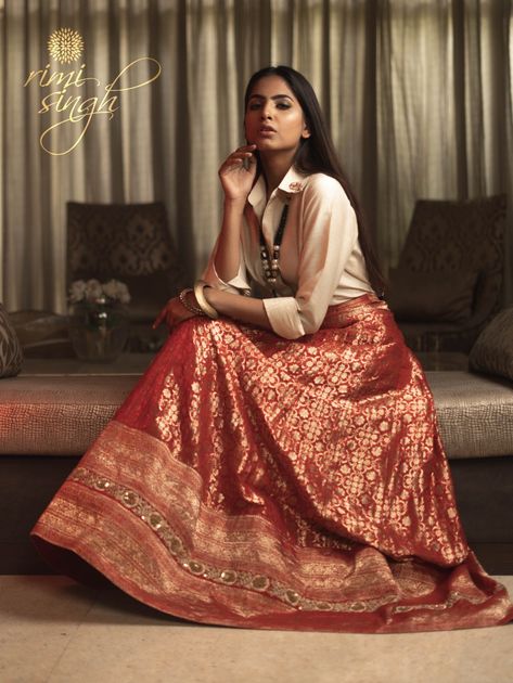 Banarasi Skirt With Shirt, Satin Shirt With Lehenga, Banarsi Suit, Brocade Suits, Muga Silk, Traditional Photography, Netted Blouse Designs, Brocade Skirt, Dressing Ideas