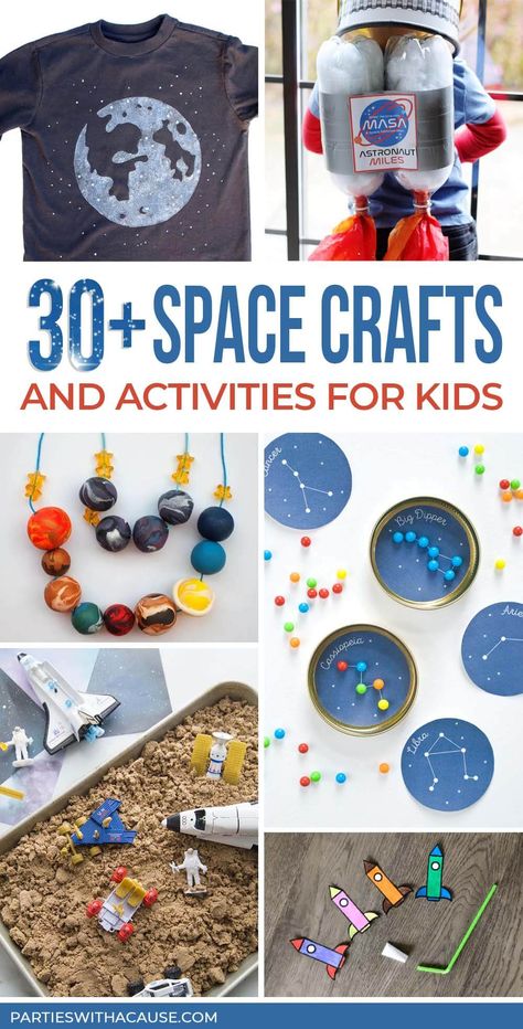 Space Craft For Preschoolers, Easy Space Themed Crafts, Space Birthday Party Crafts, Space Party Games Activities, Space Theme Birthday Activities, Arts And Crafts Summer Camp, Space Activity For Preschool, Space Birthday Party Games Activities, Space Themed Camp Activities