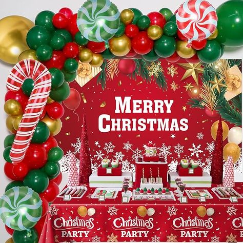 Amazon.com: Christmas Decorations, Christmas Party Decorations-Christmas Balloon Arch Garland Kit with Green Red Candy Cane Balloons, Merry Christmas Backdrop Banner Tablecloths for XMAS Decorations Supplies : Toys & Games Christmas Banner Design, Merry Christmas Backdrop, Christmas Party Backdrop, Green Xmas, Christmas Backdrop, Christmas Balloons, Christmas Backdrops, Christmas Banners, Red Candy