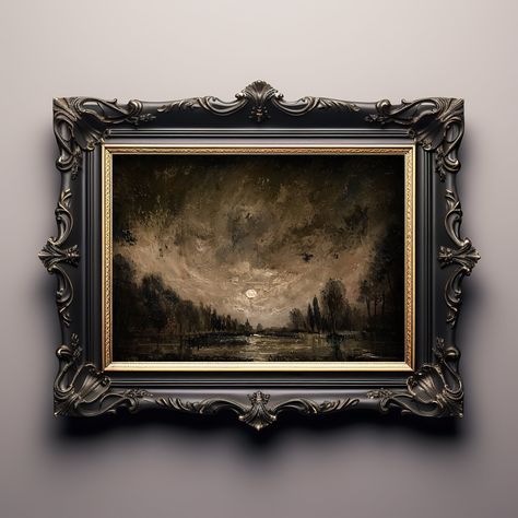 Landscape Paintings Horizontal, Moonlit Landscape, Dark Cottagecore Aesthetic, Decor Dark Academia, Dark And Mysterious, Digital Journaling, Painting Dark, Inspiration Painting, Dark Cottagecore