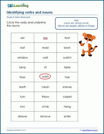 Grade 2 grammar worksheets on recognizing nouns and verbs. Students have to understand the difference between nouns and verbs and indicate which is which. Free and printable worksheets from K5 Learning; no login required. Worksheets Grade 2, Nouns And Verbs Worksheets, Worksheets For Grade 2, Early Science, Cursive Writing Worksheets, Comprehension Exercises, Nouns Worksheet, English Worksheet, Grade Spelling