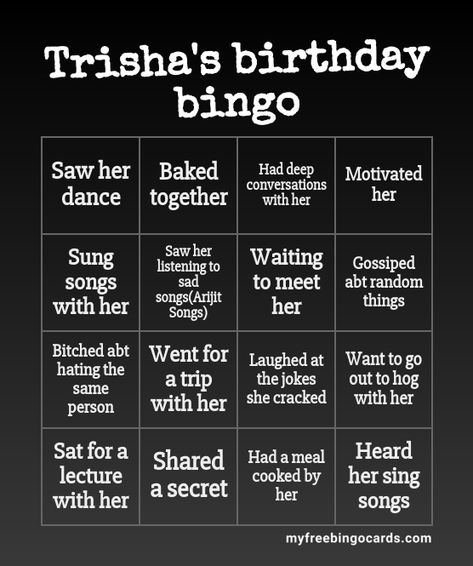 Trisha's birthday bingo 40th Birthday Quiz, Birthday Bingo For Adults, Birthday Bingo Template, 30th Birthday Activities, 21st Birthday Party Games, Enchanted Birthday, Journaling Spreads, Birthday Disco, Birthday Bingo