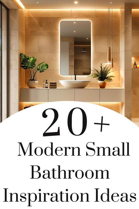 Minimalist bathroom with mirror wall, modern fixtures, and subtle plant decorations. Small Modern Guest Bathroom, Small Chic Bathroom Ideas, Minimalistic Small Bathroom, 1.5 Bathroom Ideas, 9x5 Bathroom Design, Simple Modern Bathroom Design, Lighting Small Bathroom, Spa Like Small Bathroom Ideas, Ensuite Bathroom Ideas Small Colour