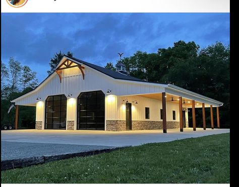 Shop With Patio, Metal Shop Building With Outdoor Kitchen, Farmhouse Shop Building, Metal Building Shop Ideas, White Pole Barn, 40x60 Shop, Pole Barn With Living Quarters, Pole Barn Shop, Shed Shop