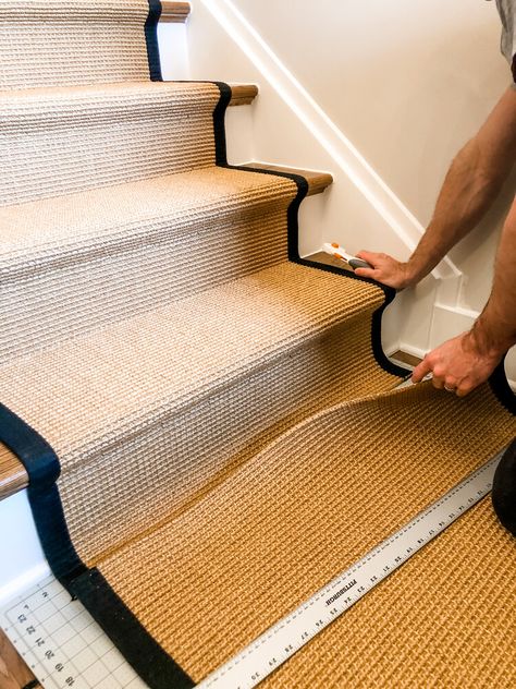 Installing Sisal Stair Runners — Love & Lilly Natural Stair Runner, Diy Staircase Runner, Stair Runner Diy, Mcm Entryway, Sisal Stair Carpet, Jute Stair Runner, Diy Stair Runner, Sisal Stair Runner, Striped Stair Runner