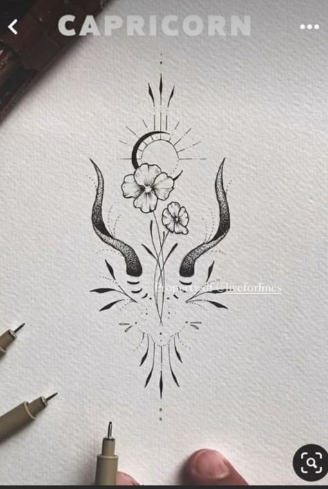 Capricorn Tattoo Geometric, Aries Fine Line Tattoo, Feminine Bull Tattoo, Thigh Writing Tattoo Women, Capricorn Moon Tattoo, Capricorn Zodiac, Aries Tattoo For Men, Capricorn Sign Tattoo, Inside Of Arm Tattoo