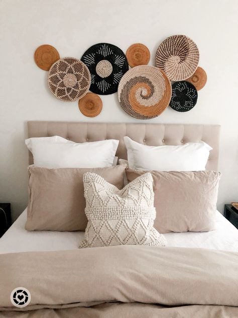 Basket wall in bedroom. Boho inspired bedroom style.   Follow my shop @freshairandfalselashes on the @shop.LTK app to shop this post and get my exclusive app-only content!  #liketkit #LTKfindsunder100 #LTKhome #LTKstyletip @shop.ltk https://liketk.it/4z0ma Basket Wall Decor Boho, Decor Above Bed, Trendy Interiors, Statement Furniture, Basket Wall Decor, Diy Headboards, Diy Headboard, Linen Duvet, Boho Wall Decor