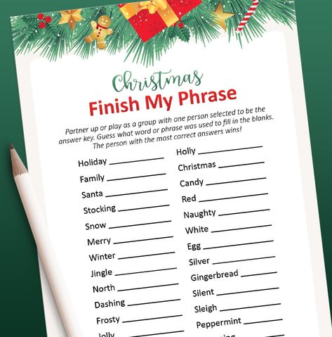 Christmas Fill In The Blank Game, Finish My Phrase Game, Finish My Phrase, Kid Holiday Games, Christmas Games Printable, Christmas Riddles, Fun Holiday Games, Holiday Bingo, Christmas Trivia Games