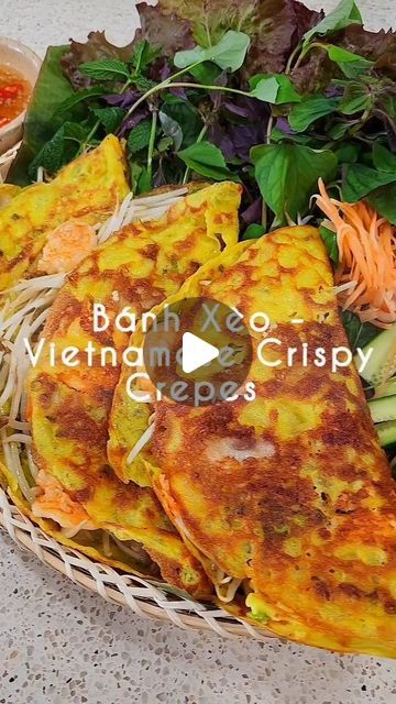 Mui - Michelle on Instagram: "If you like banh khot (Vietnamese savory mini pancakes), then you will like it bigger sister banh xeo (Vietnamese sizzling crepes).  Banh xeo is filled with shrimp, pork, and bean sprouts (I still don't line mung bean in my banh xeo).  It's crispy, savory, and full of flavors. . . . #cookingwithmamamui #bánhxèo #banhxeo #vietnamesefood #vietfood #crepes #vietnamesecrepe #vietnamesepancake #ngonqua  . . I like to eat it in lettuce wrapped and dip it in nuoc cham 😋.   How do you like to eat your bank xeo?" Ban Xeo Recipe, Vietnamese Pancakes Banh Xeo, Vietnamese Crepes Banh Xeo, Bahn Xeo Recipe, Banh Khot Recipe, Vietnamese Lettuce Wraps, Banh Xeo Recipe, Vietnamese Crepes, Banh Khot