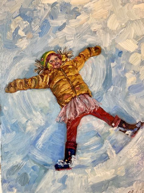 Snow Angel Painting, Snow Angel Drawing, Snow Painting Ideas, Childhood Nostalgia Art, Art About Childhood, Christmas Oil Paintings, Childhood Artwork, Childhood Painting, Movement In Art