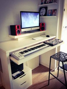 Standing work desk and DJ booth - IKEA Hackers;  hacked the keyboard tray with drawer rails. Ikea Piano Stand Hack, Music Keyboard Desk, Desk With Piano Keyboard Tray, Desk With Keyboard Drawer, Keyboard Setup Piano, Keyboard Stand Ideas, Keyboard Piano Room, Dj Desk Ideas, Keyboard Piano In Bedroom