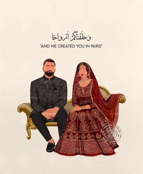 Muslim Wedding Couple Illustration, Nikah Illustration, Muslim Wedding Caricature, Couple Wedding Illustration, Bride Cartoon, Wedding Cards Images, Wedding Illustration Card, Couple Illustration Wedding, Bride And Groom Cartoon