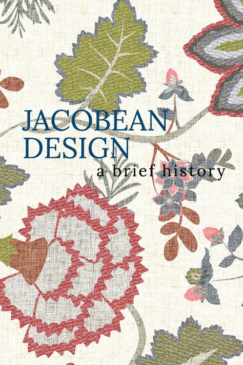 The Jacobean style of decor takes its name from Jacobus and is heavily influenced by English crewelwork. In this blog post, learn more about Jacobean Design. #Jacobean #TextileDesign #printdesign #surfacedesign Jacobean Floral Pattern, Arts And Crafts Textiles, Jacobean Interior, Couching Embroidery Design, Needlepunch Embroidery, Jacobean Fabric, Jacobean Crewelwork, Jacobean Flowers, Jacobean Designs