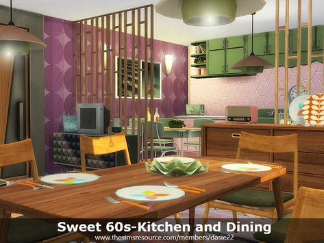 dasie2's Sweet 60s-Kitchen and Dining Sims 4 60s Cc, 70s Bedroom, Living Room Sims 4, 70s Living Room, 60s Kitchen, 60s Decor, Retro Dining Rooms, 70s Furniture, 60s Furniture