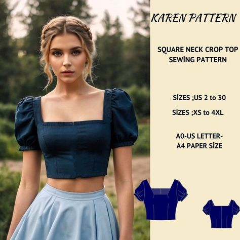 Squara Neck Crop Top Sewing Pattern, Short Sleeve Cottagecore Crop Top,Fitted Crop Top Pattern, Crop Blouse Top,Coquette XS-4XL Patterns For Blouses For Women, Crop Shirt Pattern Sewing, Pattern Clothes Women, Beginner Sewing Top Patterns, Free Womens Top Sewing Pattern, Cute Top Sewing Patterns Free, Cropping A Shirt, Shirt Sewing Ideas, Free Crop Top Sewing Pattern