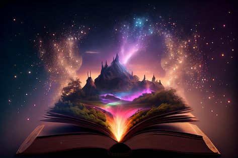 Photo generative ai of magic world openi... | Premium Photo #Freepik #photo #magic-book #fairy-tale-book #magic #fairy-tale Magic Cover Photos, Fantasy Computer Background, Book Magic Art, Magical Books Aesthetic, Fantasy Book Art, Fairy Tale Poster, Flier Designs, Magical Background, Visual Poster