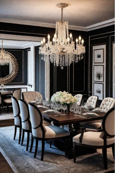 Dining room with contemporary furniture and decor Formal Dining Rooms Elegant, Dining Rooms With Black Furniture, Luxury Dining Room Chairs, Modern Dining Room Ideas Luxury, Black And Gold Dining Room, Havenly Dining Room, Classy Dining Room, Timeless Dining Room, Luxury Dining Room Decor