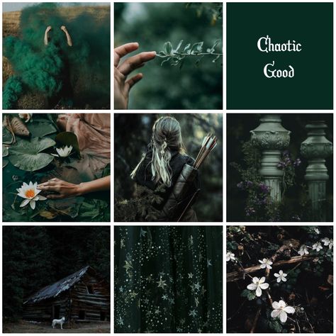 Chaotic Good moodboard Legolas Moodboard, Hedge Aesthetic, Chaotic Good Aesthetic, Dnd Moodboard, Chaotic Witch, Tiefling Sorcerer, Green Witch Aesthetic, Chaotic Good, Magic Realms