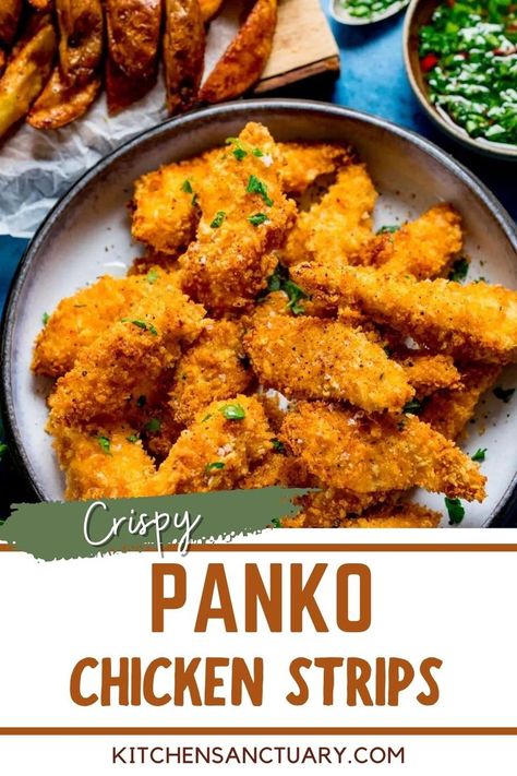 Succulent and juicy baked Crispy Panko Chicken Strips. Tender pieces of chicken breast coated in panko and baked until they're nice and crispy. A fantastic lighter way to make crispy chicken strips that adults and kids will love! After baking, pile the chicken up in a bowl or plate and serve it with a side of fries and your favourite sauce. Oh and don't forget to serve them with a sauce. Baked Panko Chicken Breast, Chicken Breast Strips Recipes, Tender Chicken Breast Recipes, Panko Fried Chicken, Chicken Tender Recipes Baked, Baked Panko Chicken, Baked Crispy Chicken, Homemade Chicken Strips, Panko Breaded Chicken