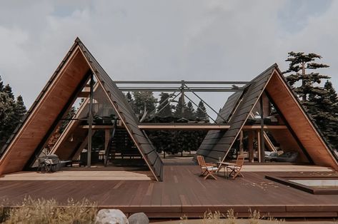 This architectural design joins two A-frame cabins together by a glass sky bridge! - Yanko Design Slope House, A Frame Cabins, Sky Bridge, A Frame House Plans, 3d Architectural Visualization, Getaway Cabins, A Frame Cabin, Glass Facades, A Frame House