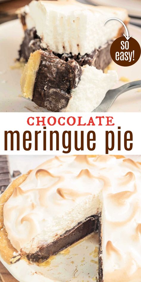 Easy Chocolate Meringue Pie Recipe Easy Chocolate Meringue Pie, Chocolate Pie With Meringue, Chocolate Meringue Pie Recipe, Creamy Chocolate Dessert, Fluffy Meringue, Meringue Pies, Chocolate Meringue Pie, Silk Pie Recipe, Old Fashioned Recipe