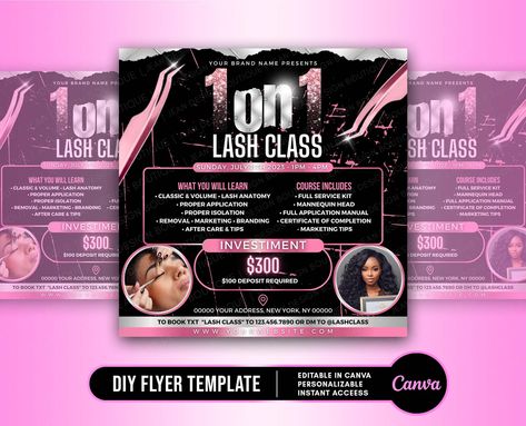 DIY Lash Class Flyer, Beginner Lash Training Flyer, Lash Course Flyer, Lash Tech Flyer, Hair Flyer, Nails Flyer, Social Media Post Course Flyer, Lash Course, Lash Training, Hair Flyer, Lash Tech, Font Styles, Business Flyer, Media Post, Business Ideas