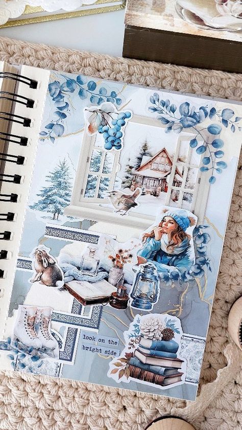 Scrapbook Winter Ideas, Scrapbook Inspiration Layout, Blue Theme Journal Ideas, Holiday Scrapbook Ideas, Winter Journal Ideas, Scrapbook Theme Ideas, Christmas Junk Journal Ideas, Christmas Journal Ideas, Junk Journal Ideas Inspiration