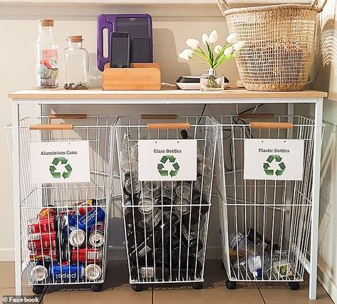 Woman reveals how she plans to save money for holiday with recycling At Home Recycling Station, Recycle At Home, Recycling Set Up, Storage For Recycling, Organize Recycling Storage Solutions, Outside Recycling Storage Ideas, Garage Recycling Center, Recycle Area In Home, Bottle Recycling Storage