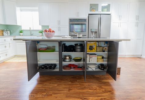 On backside of peninsula... Secret Cabinet Storage under island for extra kitchen items you don't use daily! Kitchen Island Storage Ideas, Secret Cabinet, Organize A Kitchen, Kitchen Island Storage, Island Storage, Organize Kitchen, Kitchen Island Cabinets, Unique Kitchen Design, Small Kitchen Island