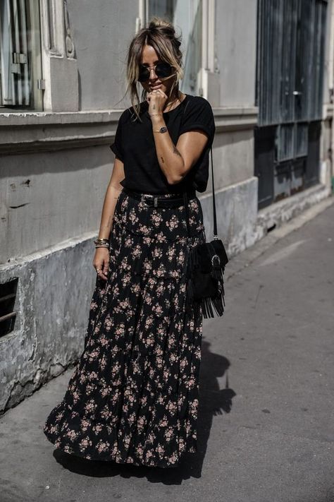 LONG BOHEMIAN SKIRT Long Skirts With Belts, Long Skirt Casual Outfit Summer, Belted Maxi Skirt, Maxi Skirt T Shirt Outfit, Witchy Skirt Outfit, Long Black Floral Skirt Outfit, Black Floral Maxi Skirt Outfit, Long Flowy Skirt For Winter, Long Boho Skirt Outfit