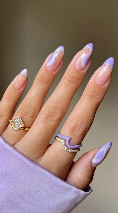 lilac wavy nails, almond nail art design, summer nail ideas, matte nails, summer nails, trendy nails Lilac Inspired Nails, Swrill Design Nails Purple, Almond Nails Designs Lavender, Lilac Colour Nail Art, Nail Inspo Almond Birthday, Wavy Nails Design, Almond Nails Lilac Purple, Lilac Almond Nail Designs, Wave Nails Design Simple